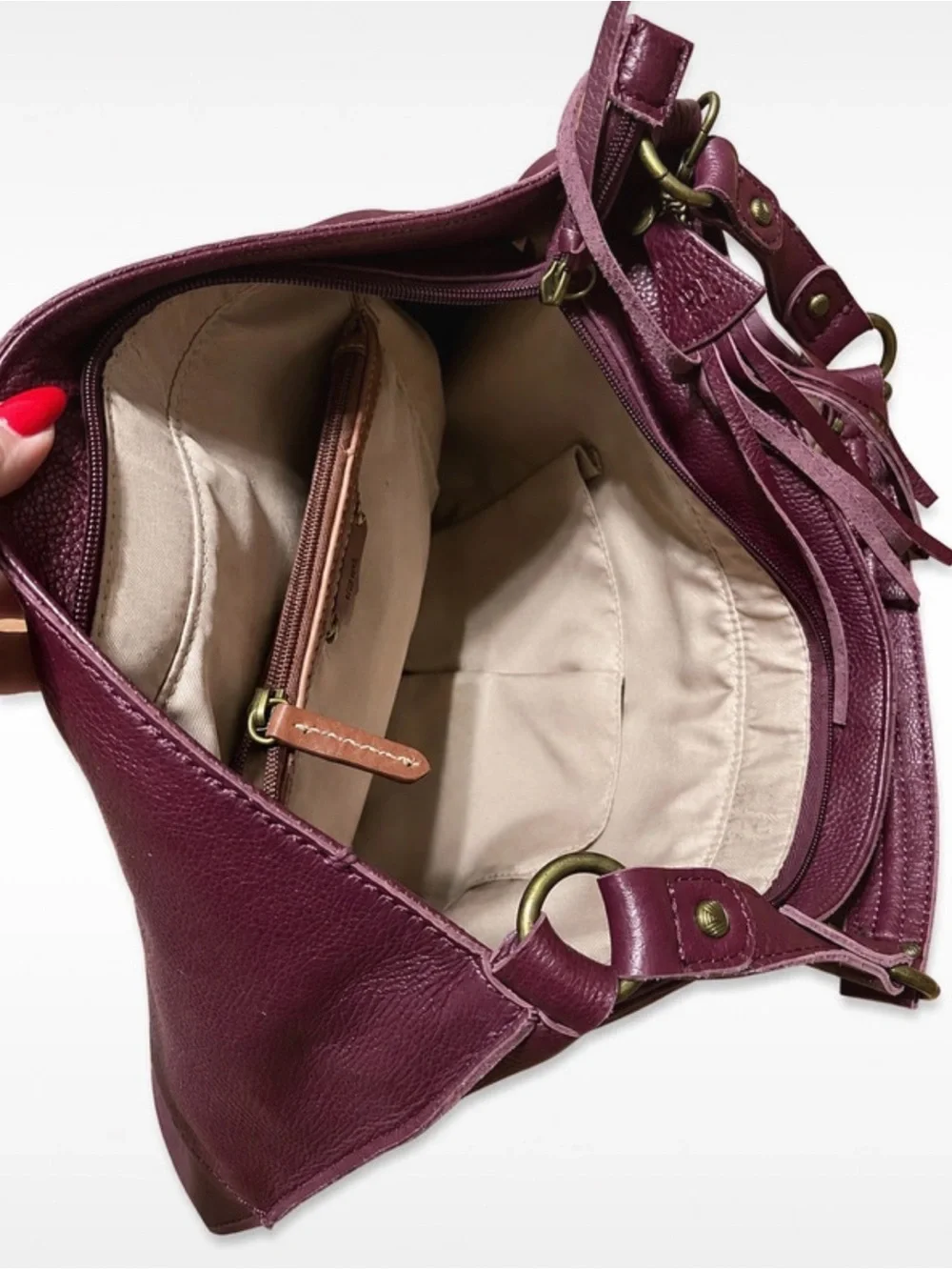 The Sak Burgundy Leather Hobo Shoulder Bag Tassel Antique Brass Boho Handbag